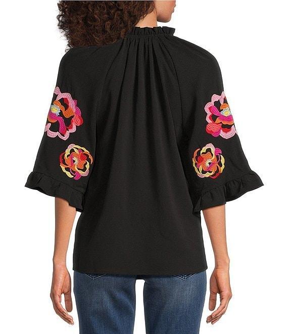 Calessa Petite Size Embroidered Patchwork Ruffle Split V-Neck 3/4 Sleeve Tunic Product Image