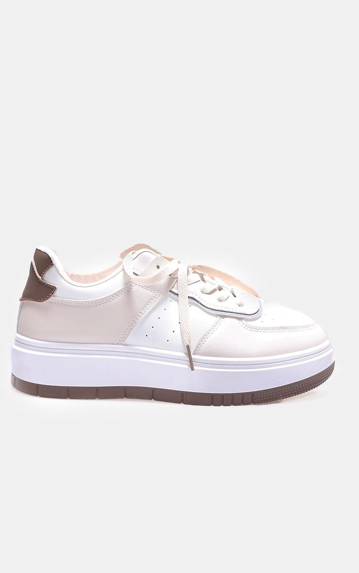 White and Cream Pu Contrast Chunky Sole Lace Up Sneakers Product Image