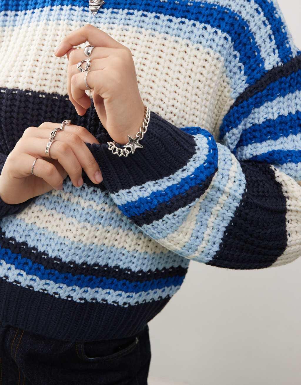 Noisy May chunky open knit sweater in cream & blue stripe Product Image