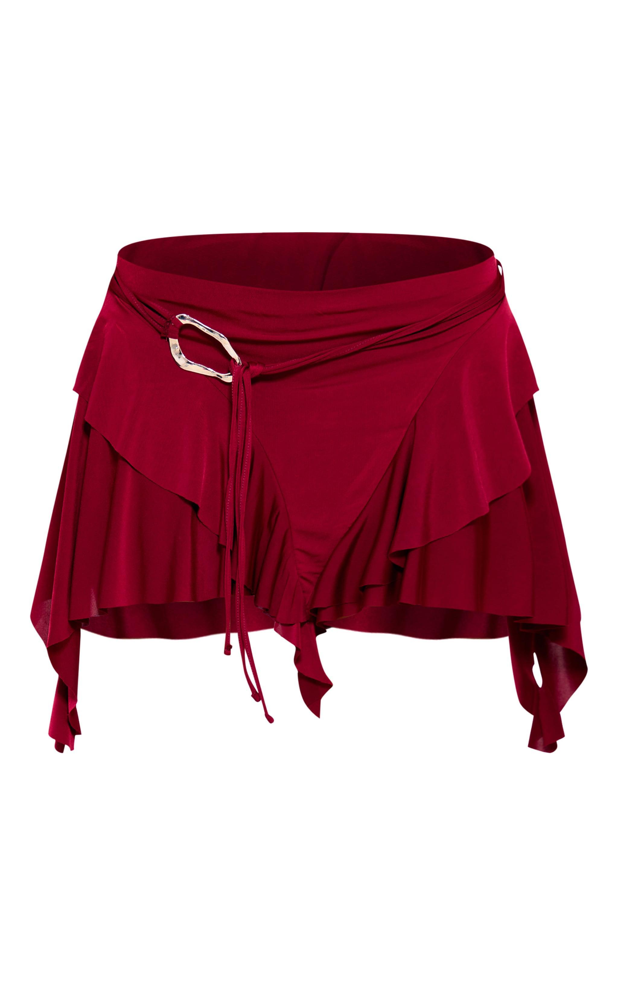 Burgundy Belt Detail Slinky Jersey Ruffle Mini Skirt Product Image