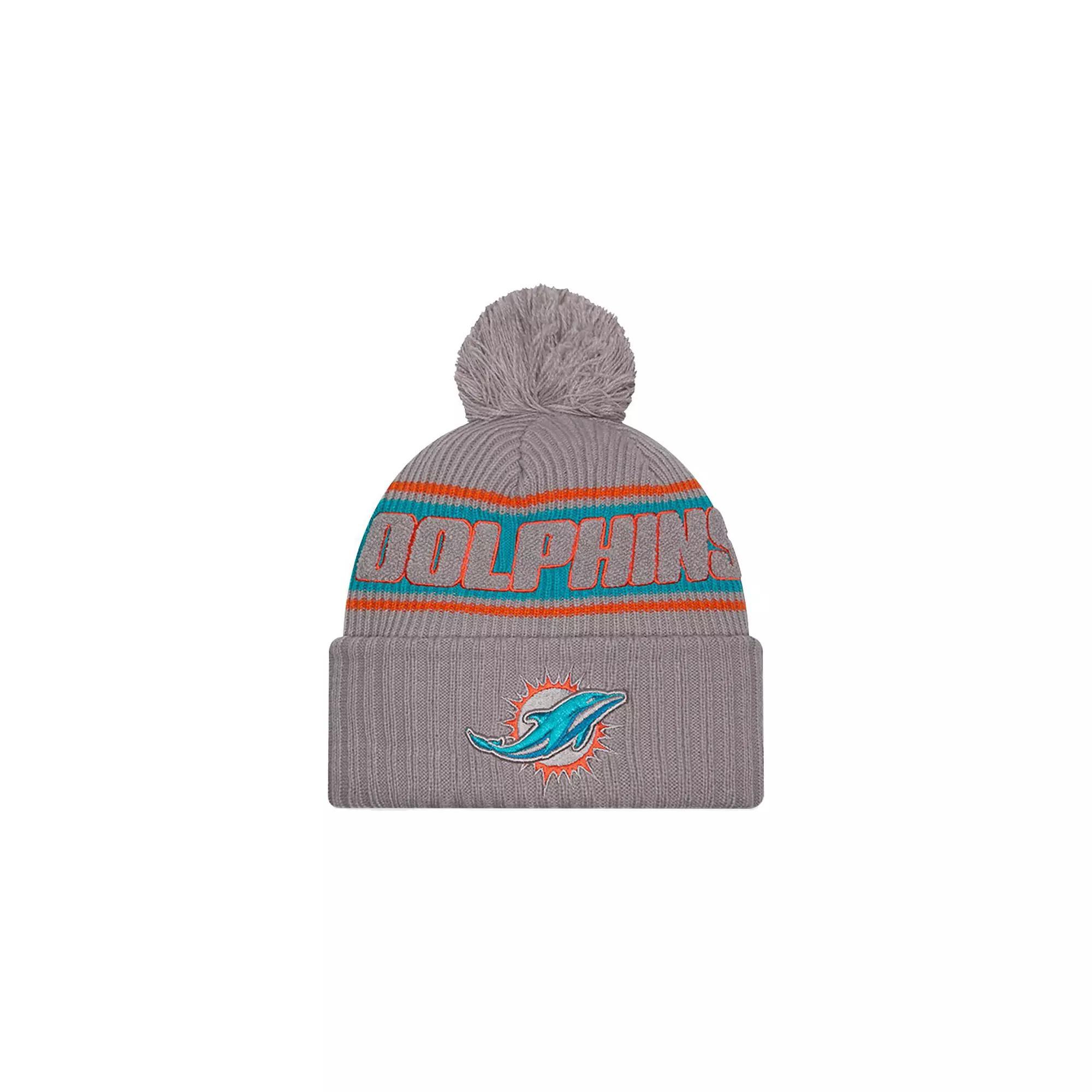 Men's New Era Gray Miami Dolphins 2024 Sideline Sport Cuffed Knit Hat with Pom, Grey Product Image