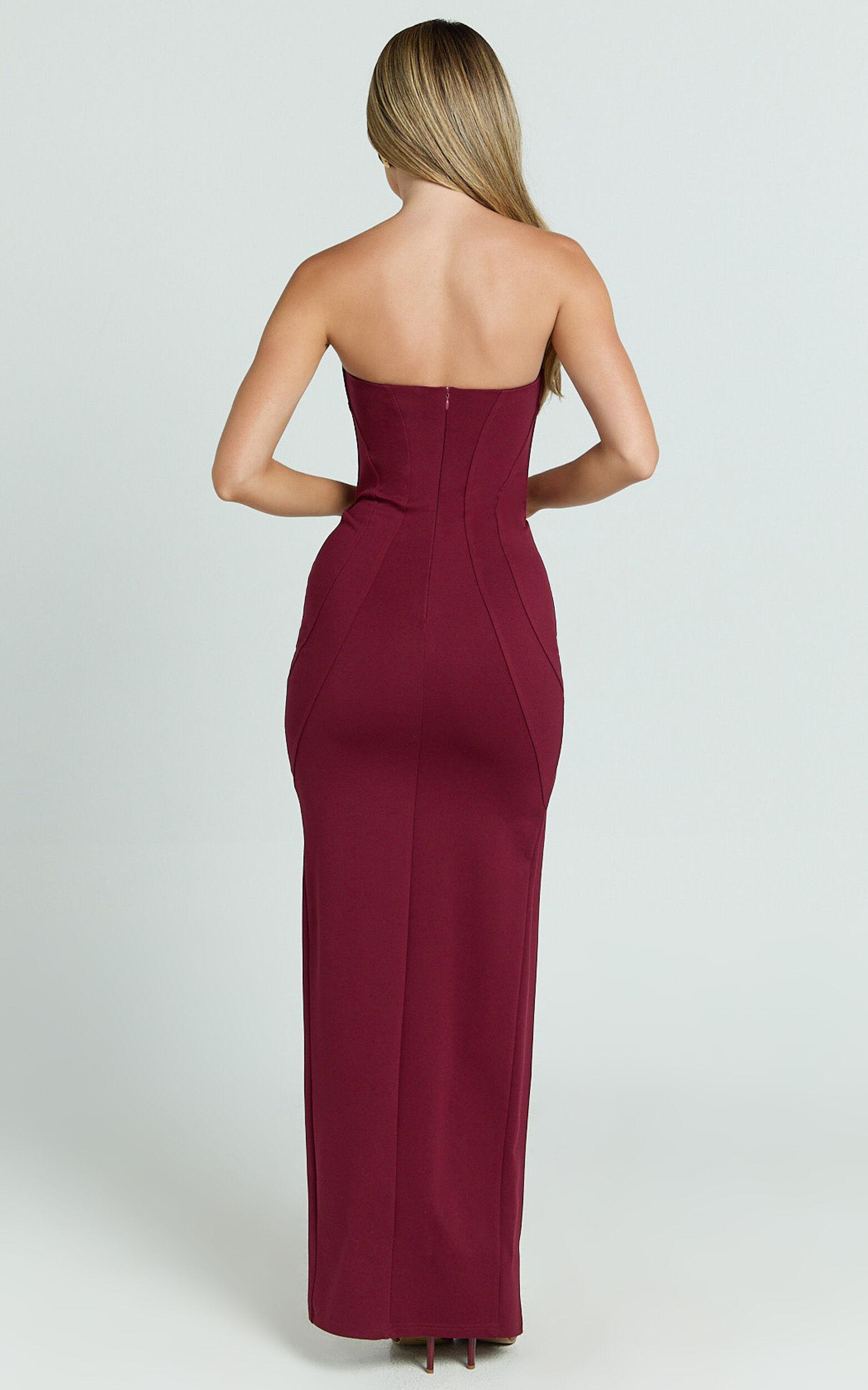 Oriella Maxi Dress - Panelled Thigh Split Strapless Dress in Wine Product Image