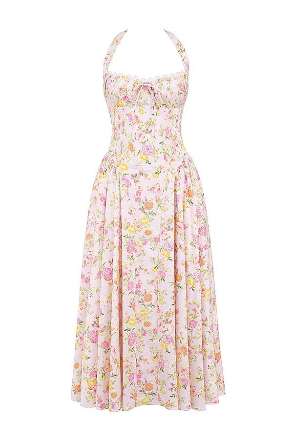 Adabella Pink Meadow Print Cotton Halter Midi Sundress Product Image