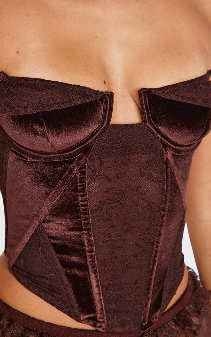 Petite Chocolate Bandeau Velvet Corset With Lace Details Product Image