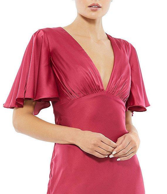 Mac Duggal Flounce Sleeve V-Neck Satin A-Line Trumpet Gown Product Image