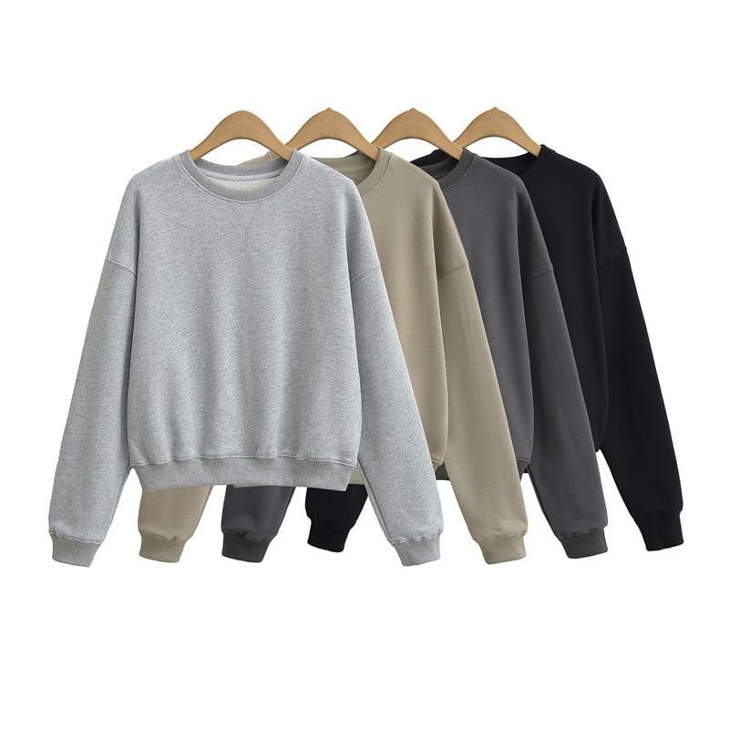 Long-Sleeve Round Neck Plain Sweatshirt / Mid Waist Plain Flared Pants Product Image