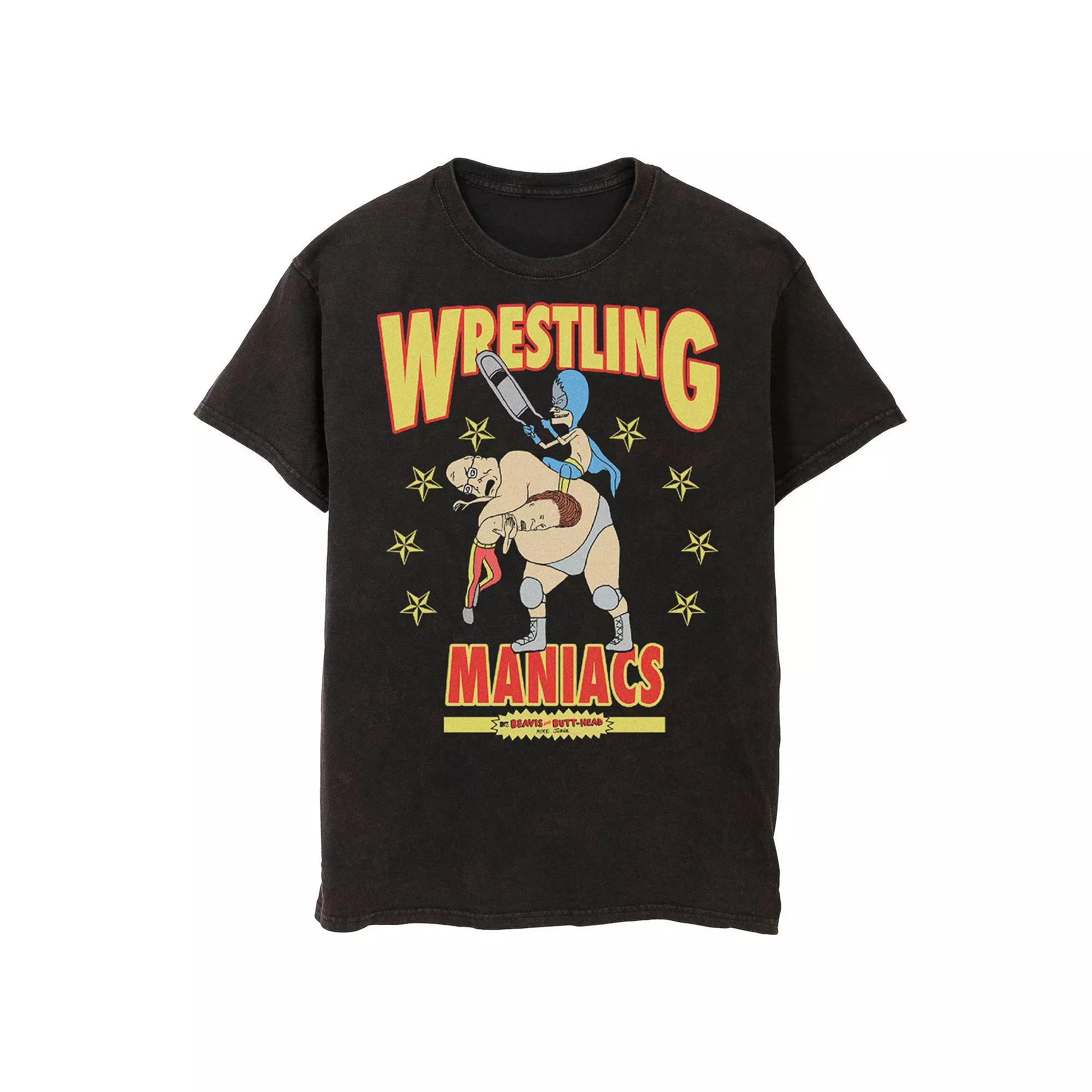 Men's Beavis And Butt-Head Wrestling Maniacs Wash Graphic Tee, Size: XXL, Black Product Image