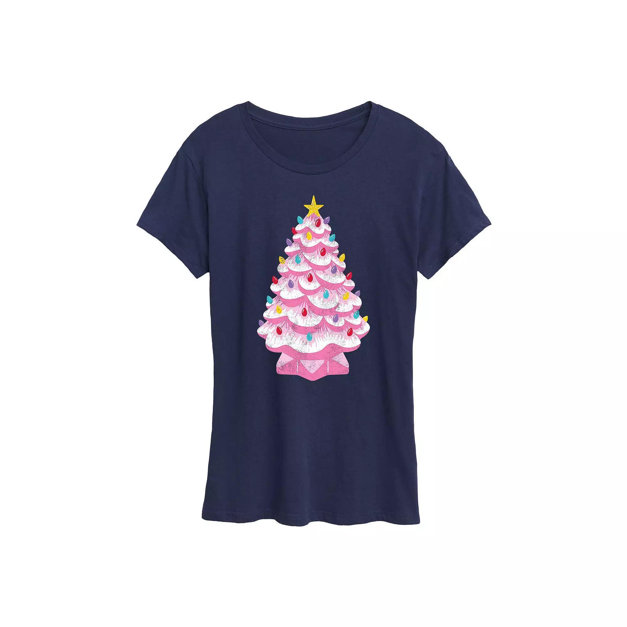 Women's Retro Pink Ceramic Christmas Tree Graphic Tee, Girl's,  Product Image