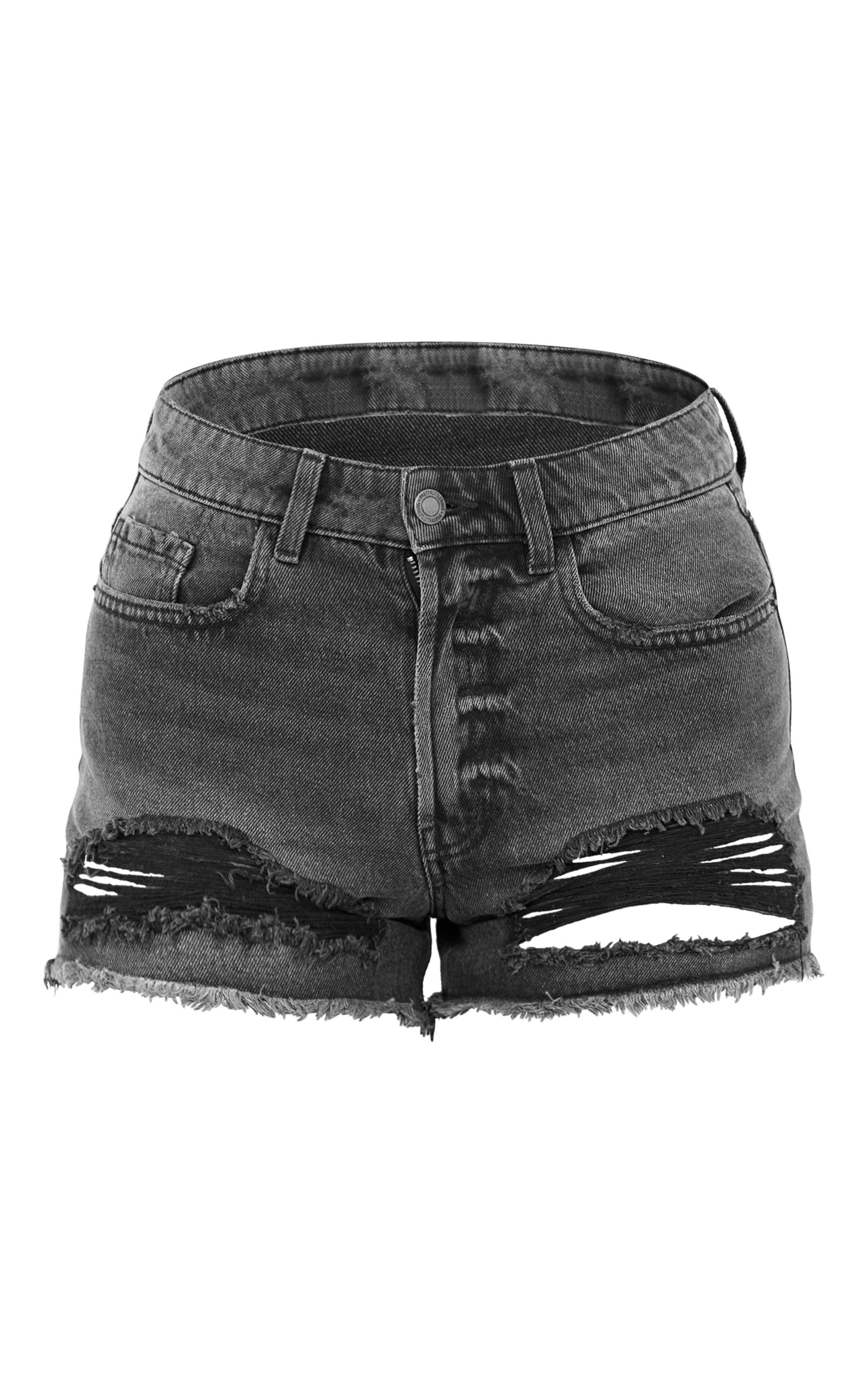 PRETTYLITTLETHING Washed Black Distressed Mid Rise Basic Denim Shorts Product Image