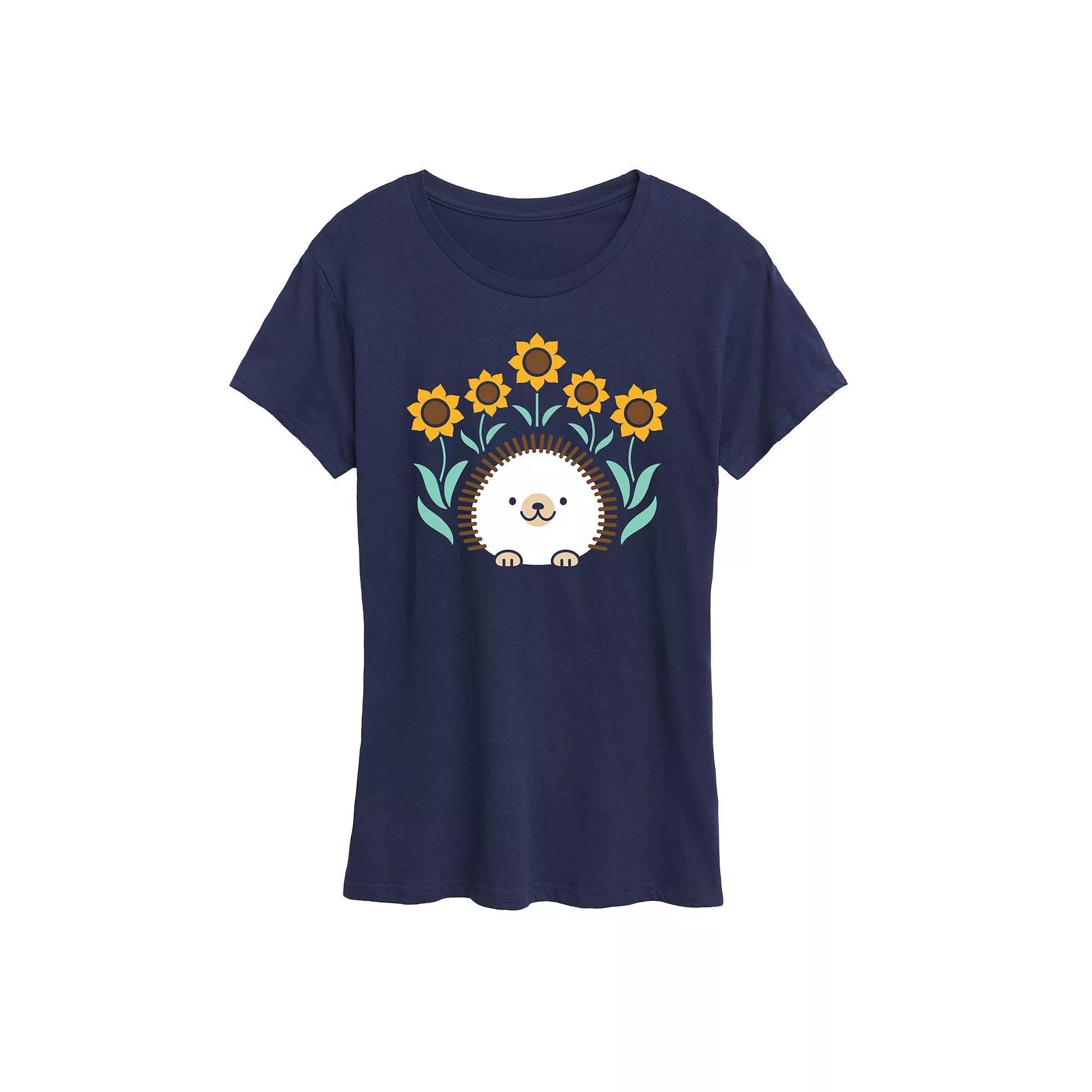 Women's Scandinavian Hedgehog And Sunflowers Oversized Tee, Size: Large, Blue Product Image