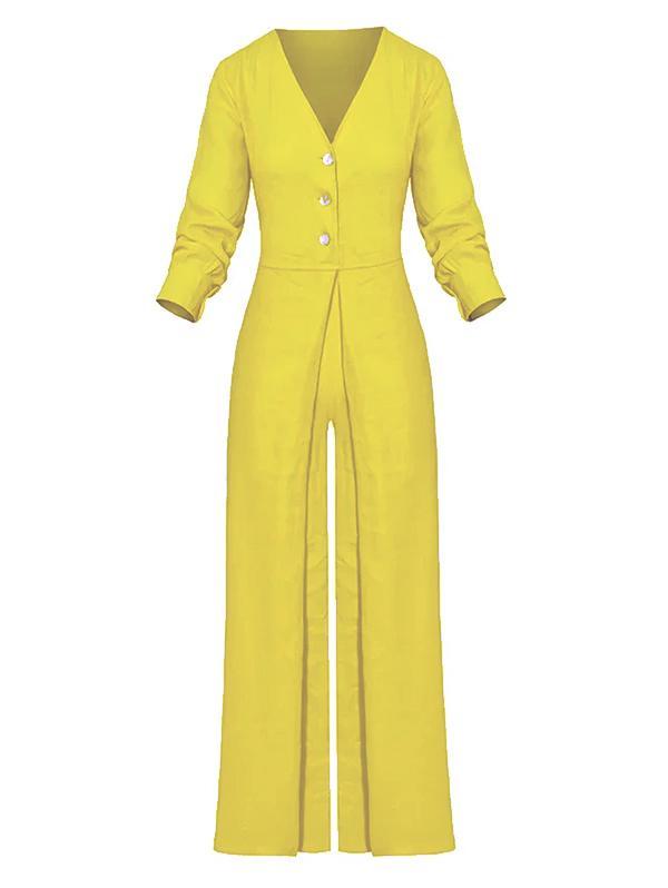 High Waisted Long Sleeves Buttoned Pockets Solid Color V-Neck Jumpsuits Product Image