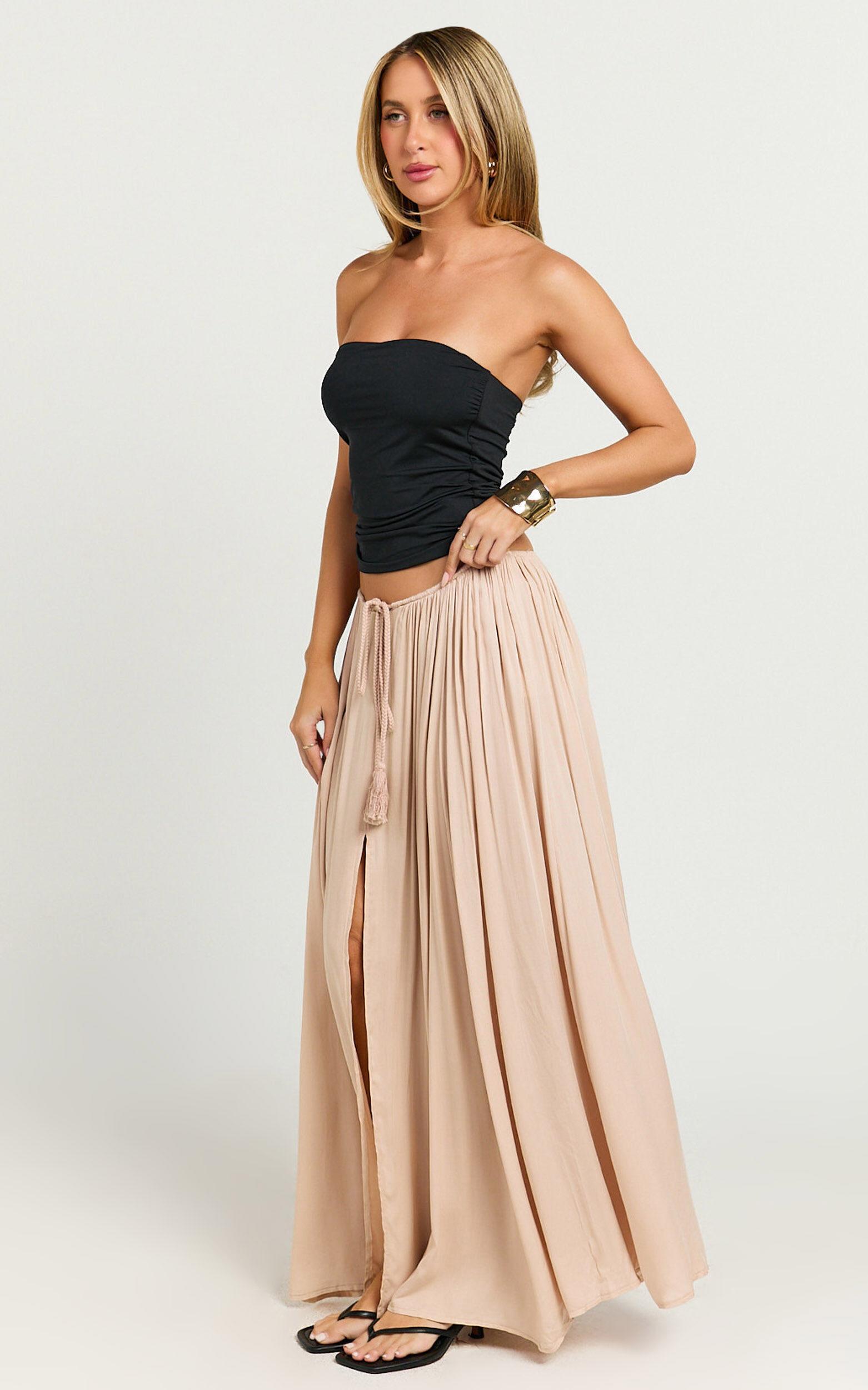 Under The Twilight Maxi Skirt - Thigh Split Skirt in Beige Product Image