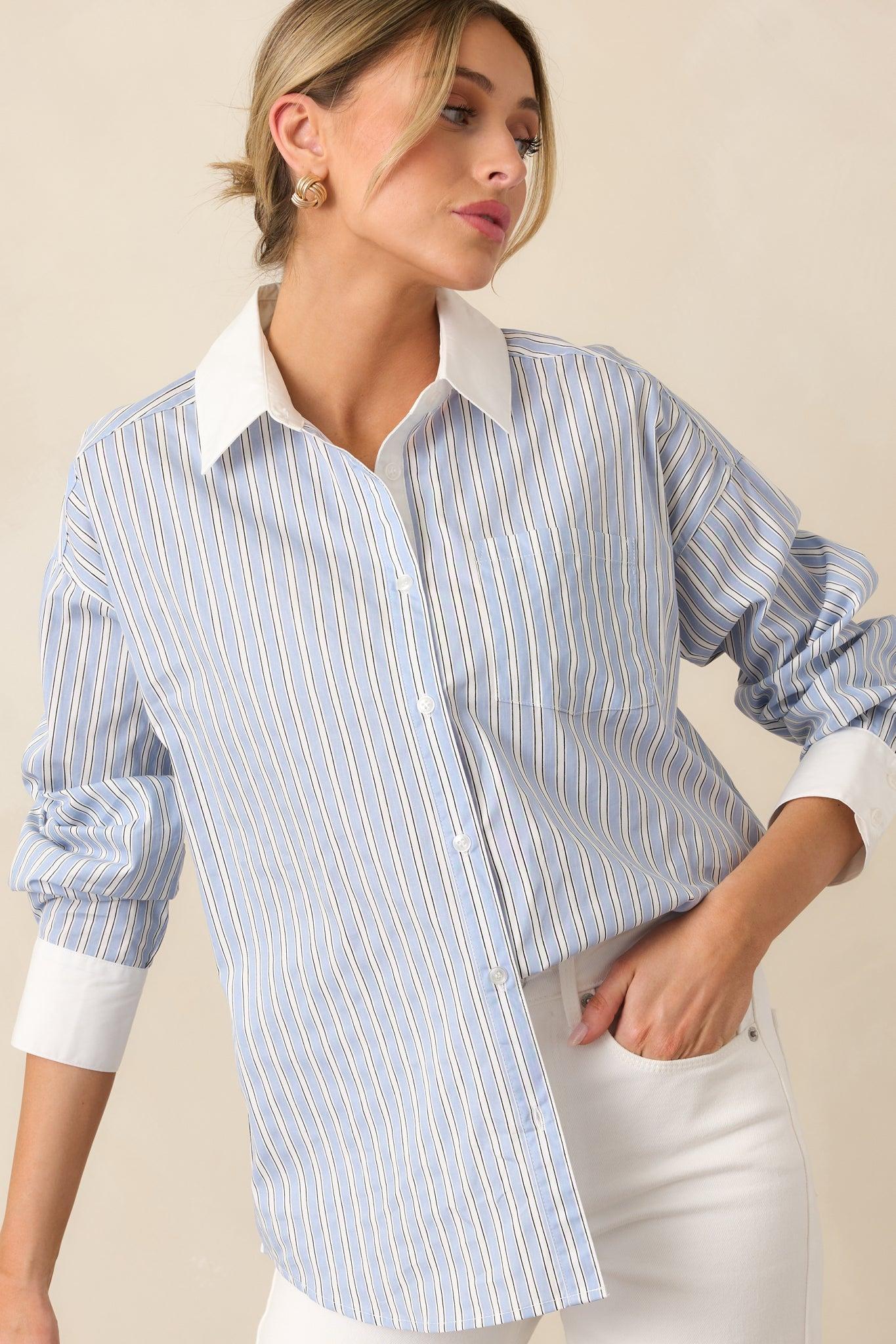 A Natural Leader Blue Stripe Cotton Oxford Button Up Top Product Image