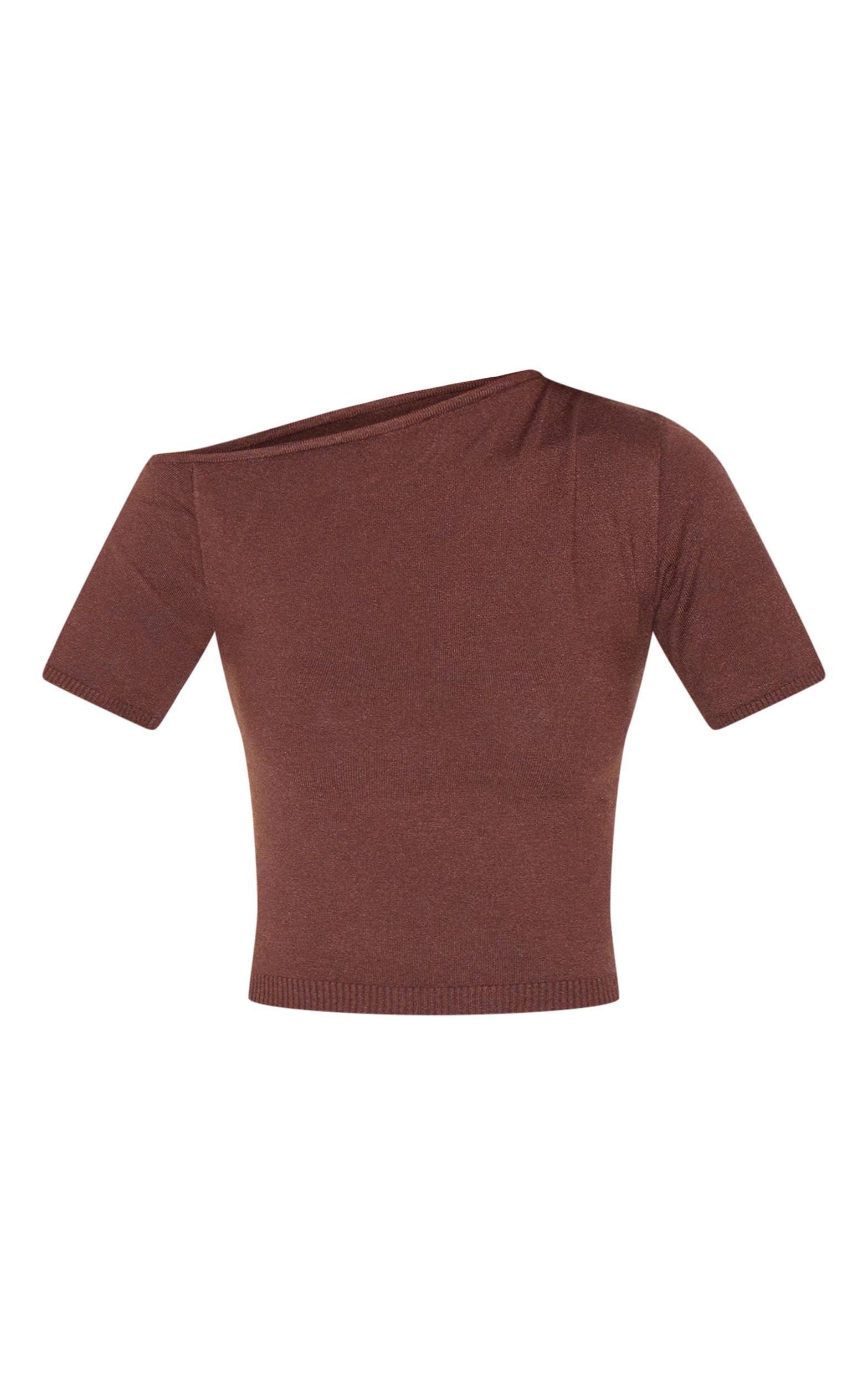 Chocolate Basic Knit Asymmetric Neckline Top Product Image