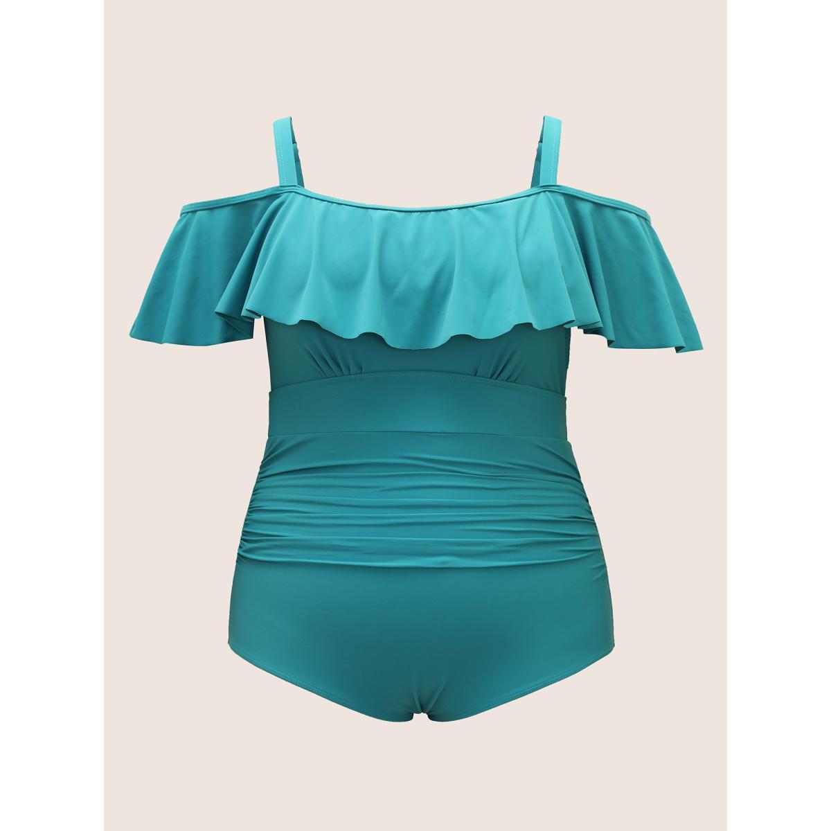 Plus Size Off Shoulder Ruffle Trim One Piece Swimsuit Women's Swimwear Teal Beach Gathered Curve Bathing Suits High stretch One Pieces BloomChic 18-20/2X Product Image