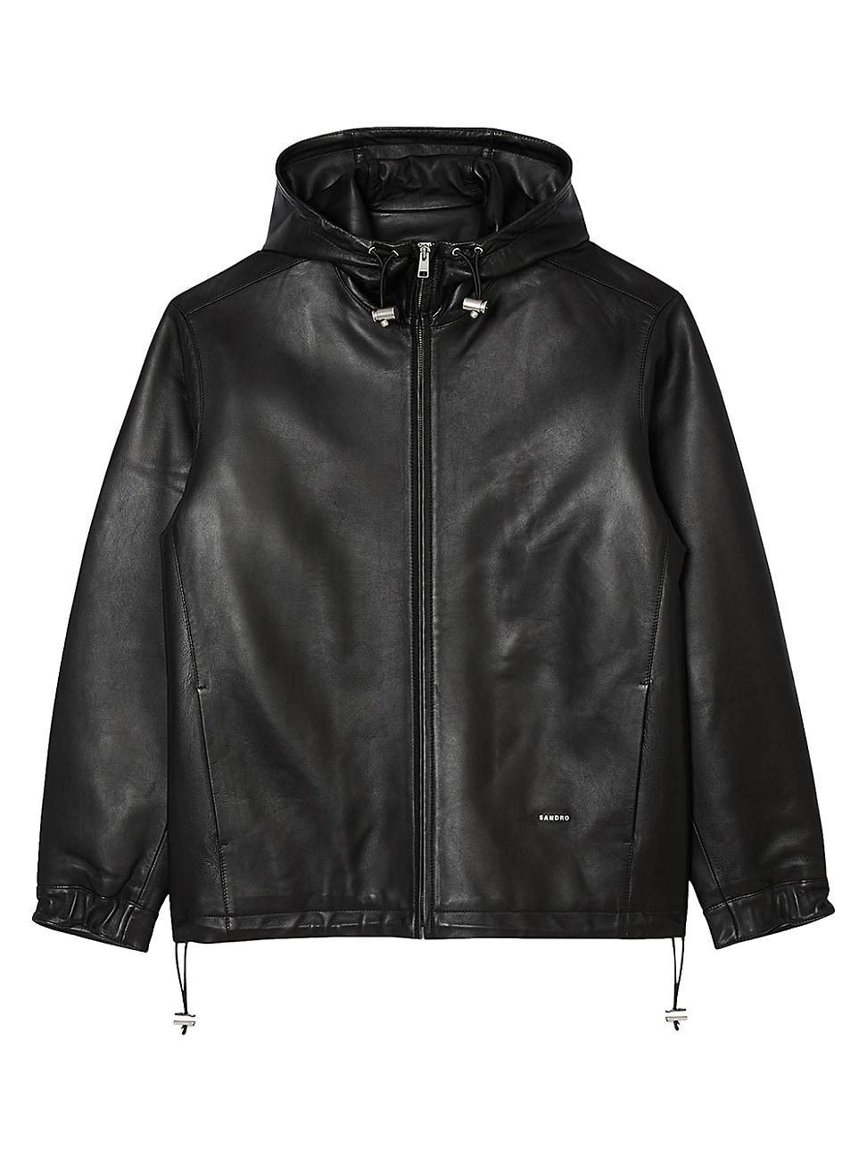 Sandro Hooded Zip Front Leather Jacket Product Image