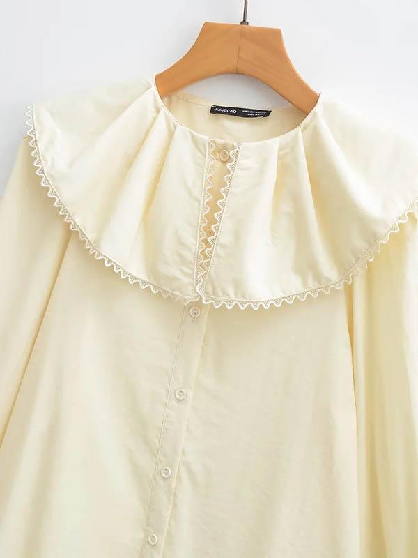 Loose Puff Sleeves Pleated See-Through Solid Color Split-Joint Peter Pan Collar Blouses&Shirts Tops Product Image