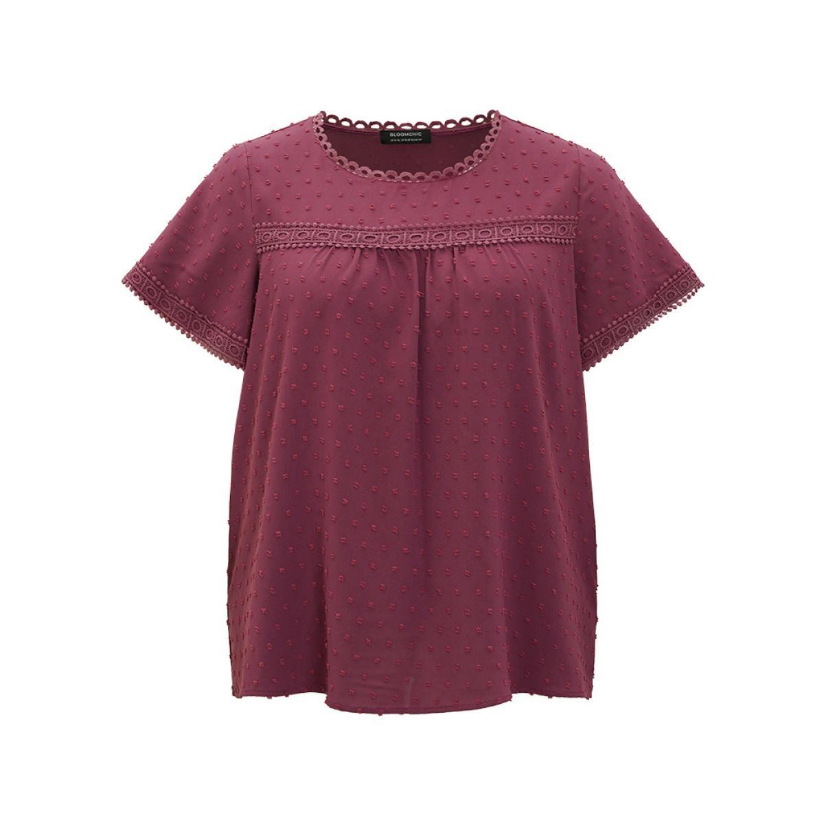 Plus Size RedViolet Polka Dot Gathered Lace Blouse Women Elegant Short sleeve Round Neck Dailywear Blouses BloomChic 10/M Product Image