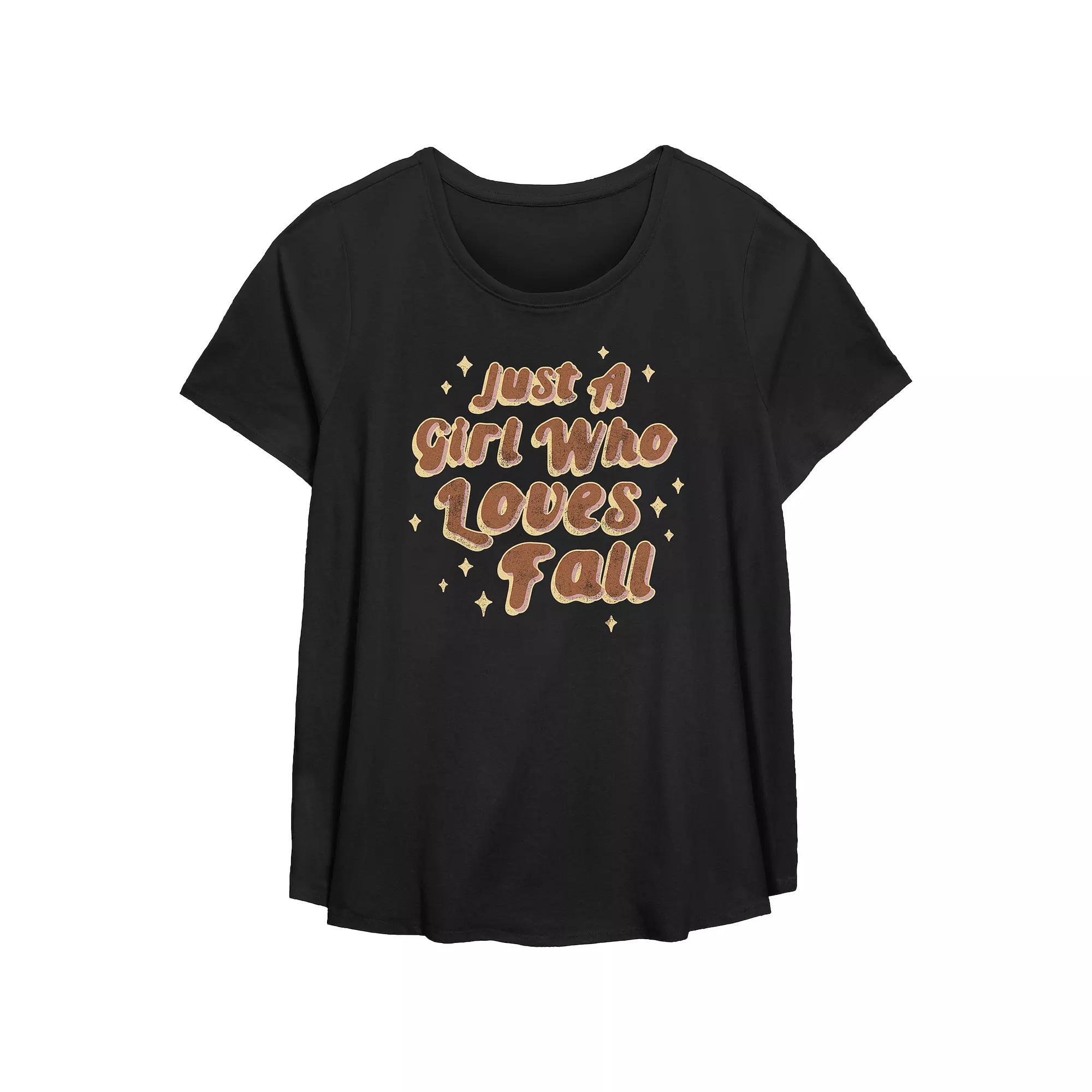 Juniors Plus Size Just A Girl Who Loves Fall Scoop Hem Flowy Graphic Tee, Womens Product Image