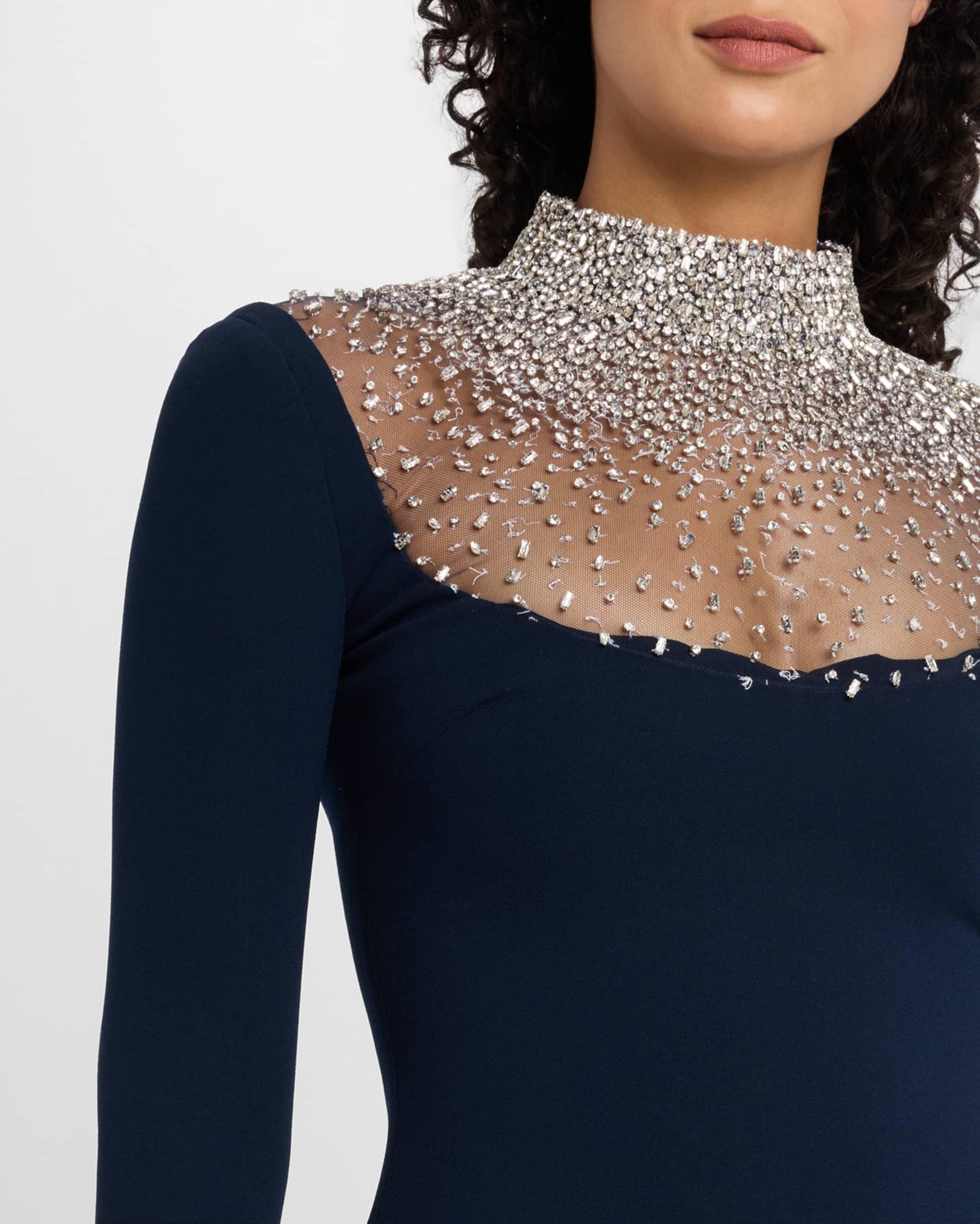 Crystal Beaded Crepe Long-Sleeve Illusion Gown Product Image