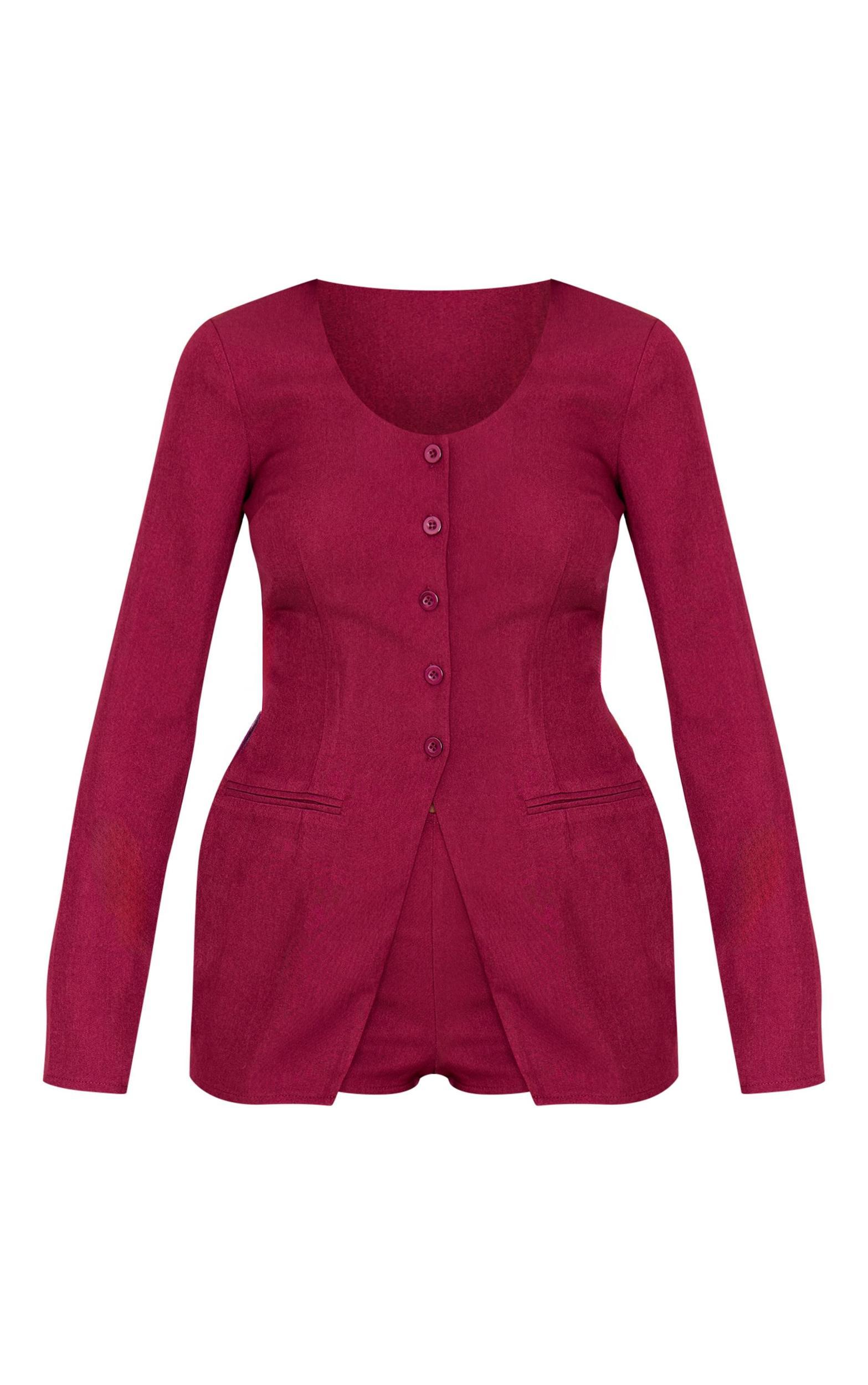 Burgundy Tailored Button Down Scoop Neck Romper Product Image
