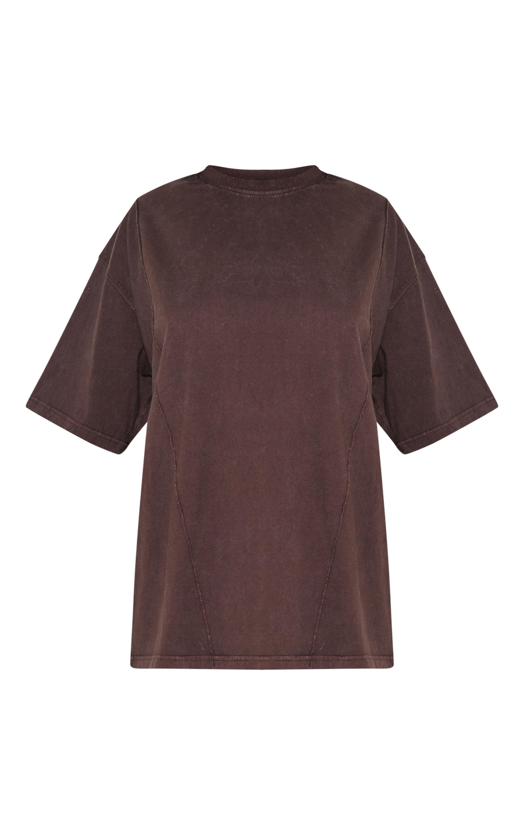 Dark Brown Oversized Cotton Seam Detail T-shirt Product Image