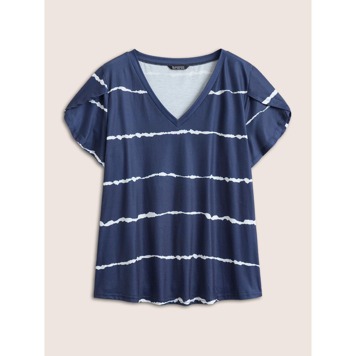 Plus Size Striped Contrast Petal Sleeve T-shirt DarkBlue Women Elegant Striped Everyday T-shirts BloomChic 18-20/2X Product Image