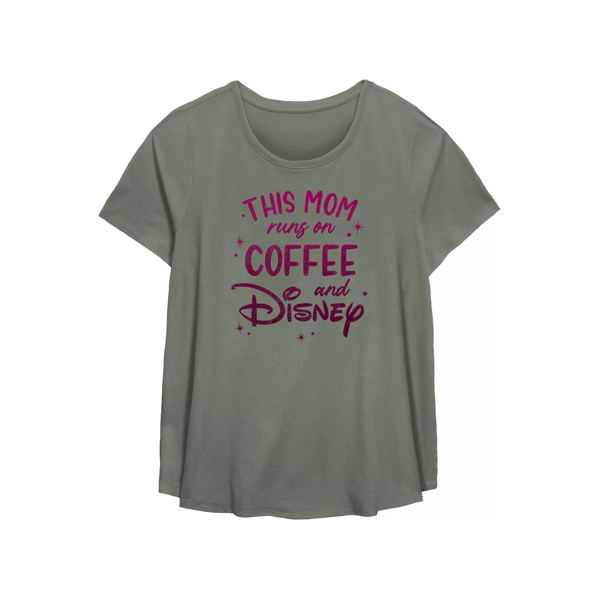 Disney This Mom Runs On Coffee And Disney Plus Size Scoop Hem Flowy Graphic Tee, Women's, Size: 1XL, Green Product Image