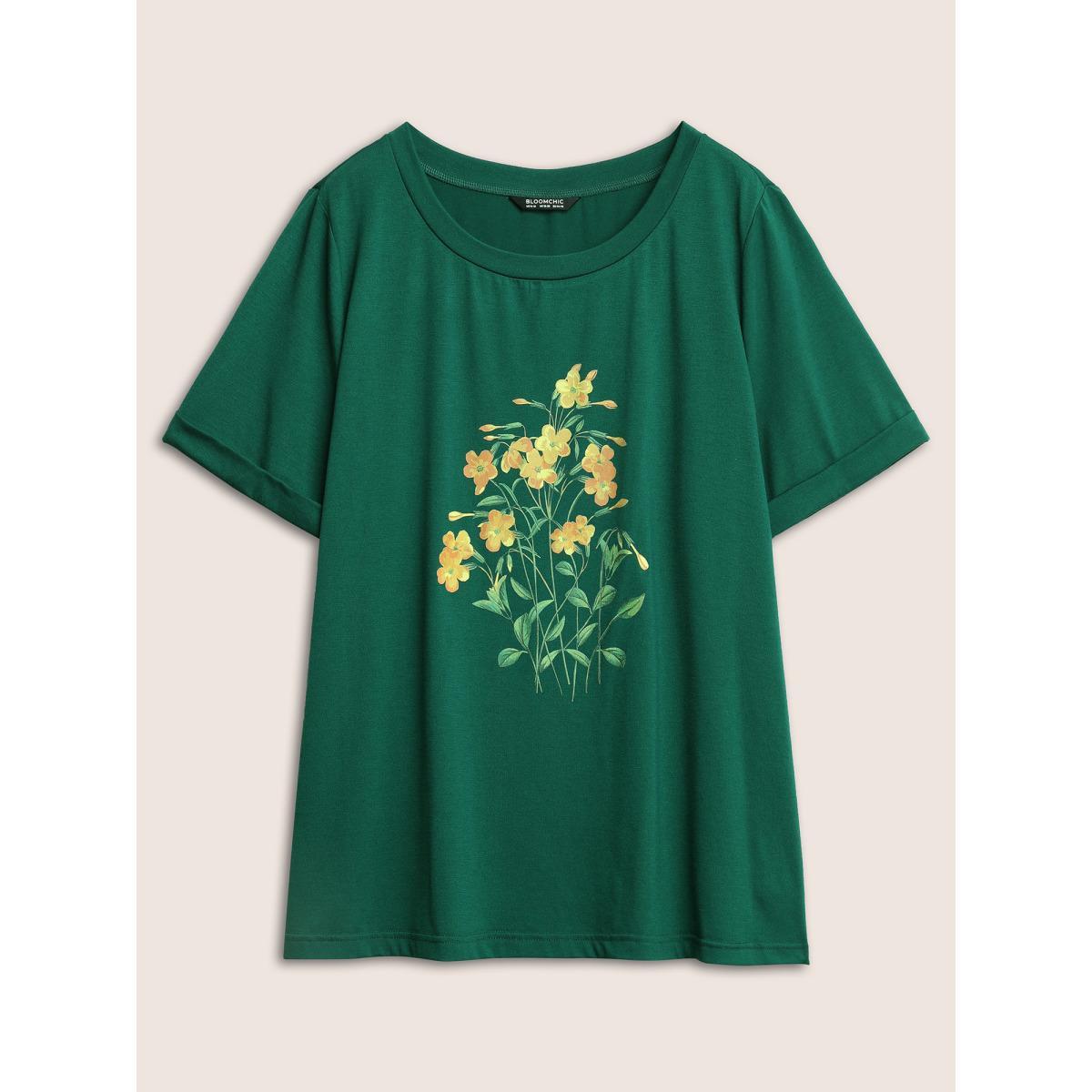 Plus Size Floral Print Cuffed Sleeve Crew Neck T-shirt DarkGreen Women Elegant Non Natural Flowers Everyday T-shirts BloomChic 12/L Product Image