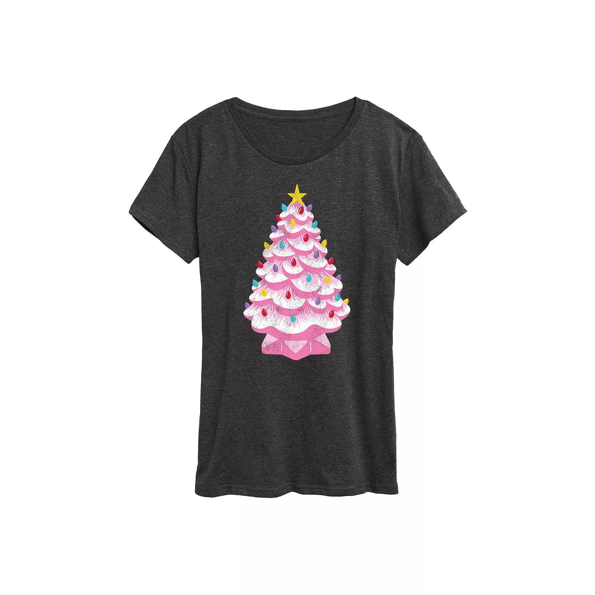 Women's Retro Pink Ceramic Christmas Tree Graphic Tee, Girl's,  Product Image