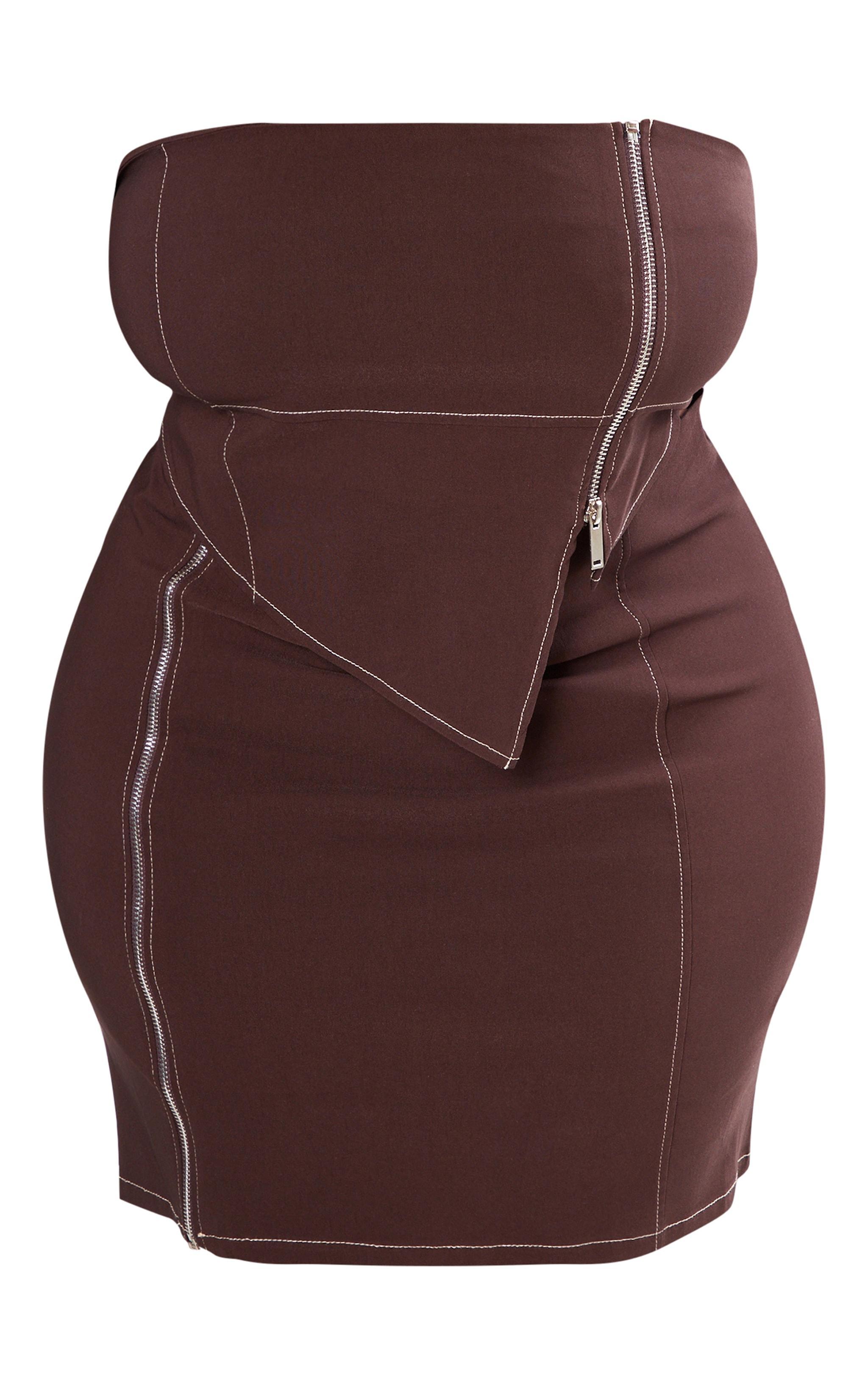 Plus Chocolate Asymmetric Seam Detail Zip Up Corset Bodycon Dress Product Image