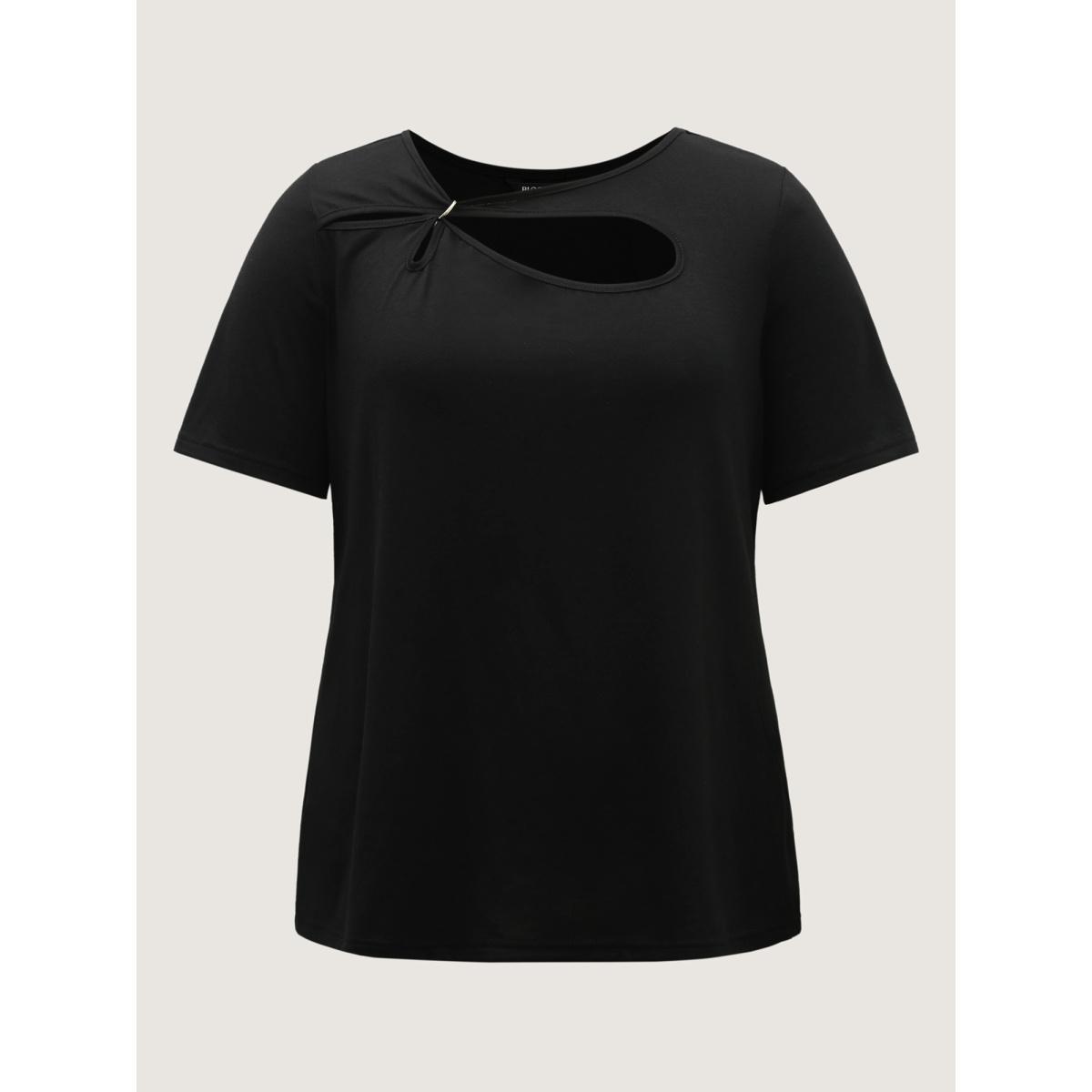 Plus Size Neck Cut-Out Round Neck T-Shirt Black Women Leisure Cut-Out Asymmetrical Neck Casual T-shirts BloomChic 26/4X Product Image