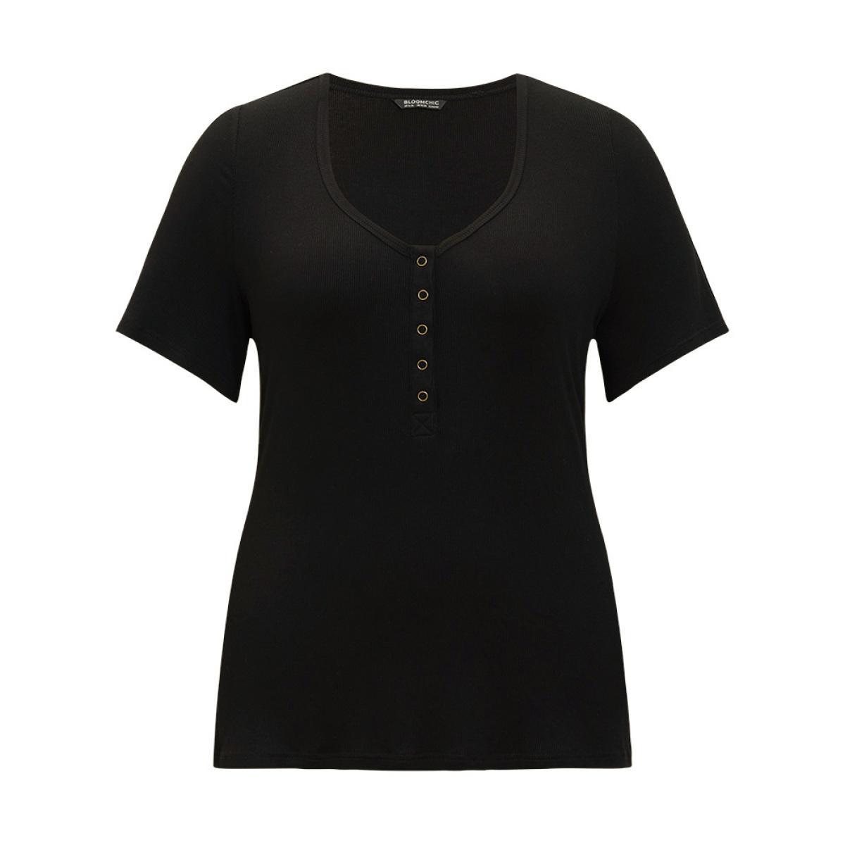 Plus Size Plain Scoop Neck Button Through Rib Knit T-shirt Black Women Casual Button Plain Scoop Neck Skinny Dailywear T-shirts BloomChic 10/M Product Image