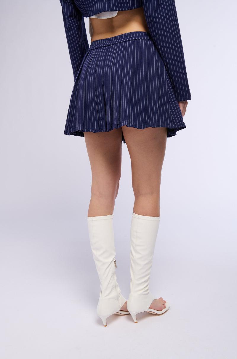 WHATS THE TEA PINSTRIPE CROP BLAZER IN NAVY Product Image