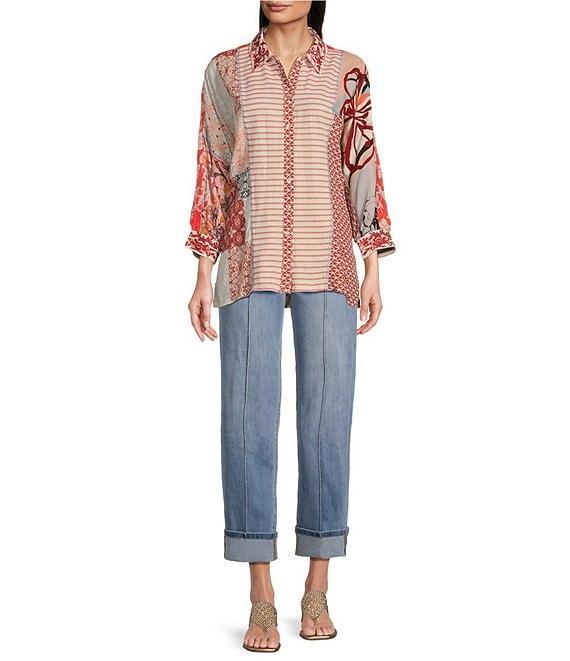 John Mark Yarn Dyed Patch Print Point Collar 3/4 Dolman Sleeve Button Front Top Product Image