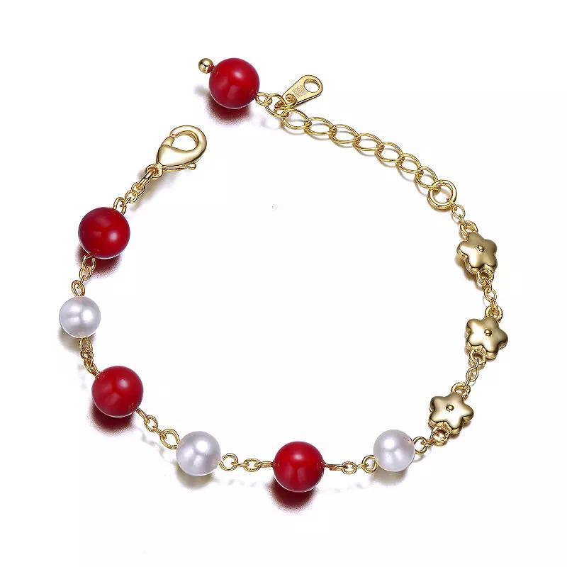 Kids 14k Yellow Gold Plated Star Red Beaded and Simulated Pearl Adjustable Charm Bracelet, Womens Gold Tone Product Image