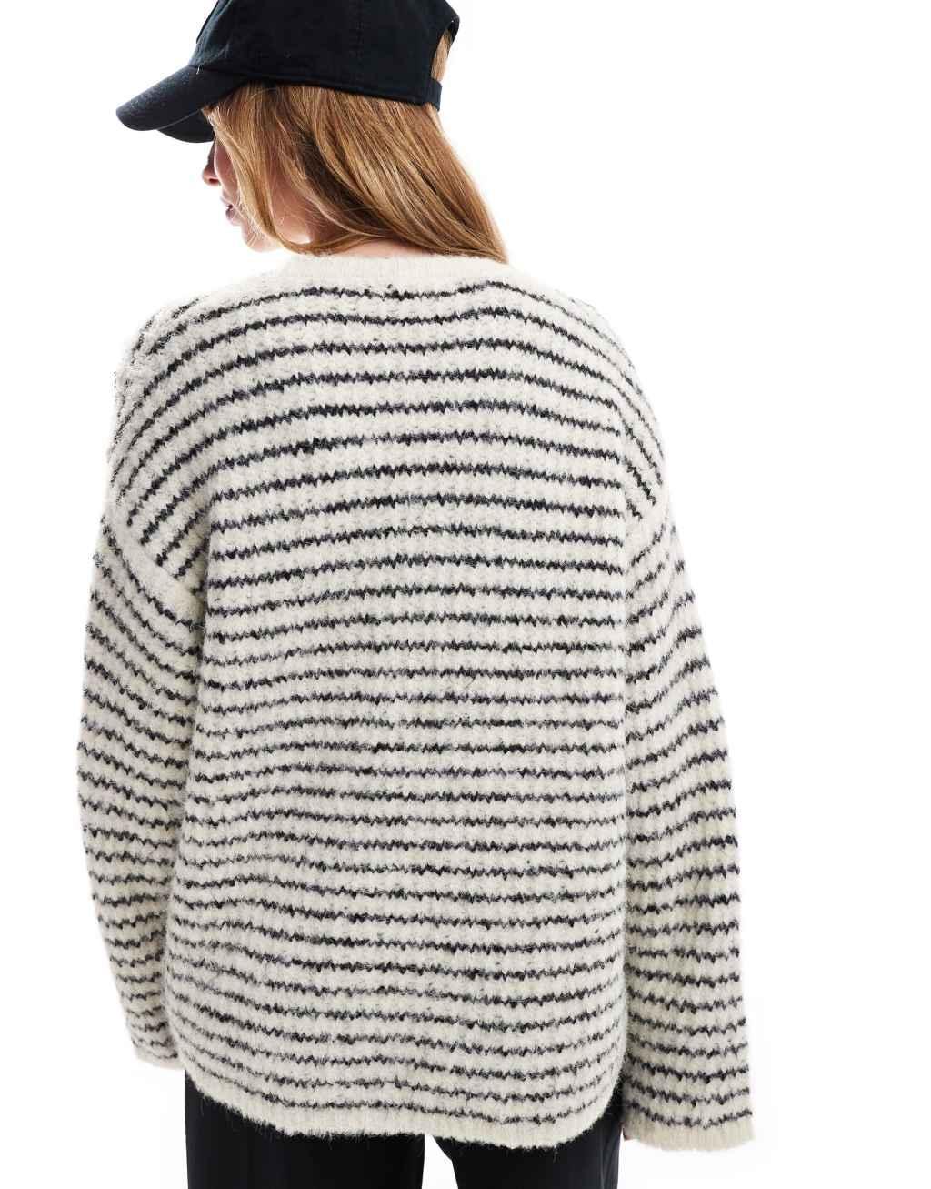 4th & Reckless wool mix textured wide sleeve crew neck sweater in cream and black stripe Product Image