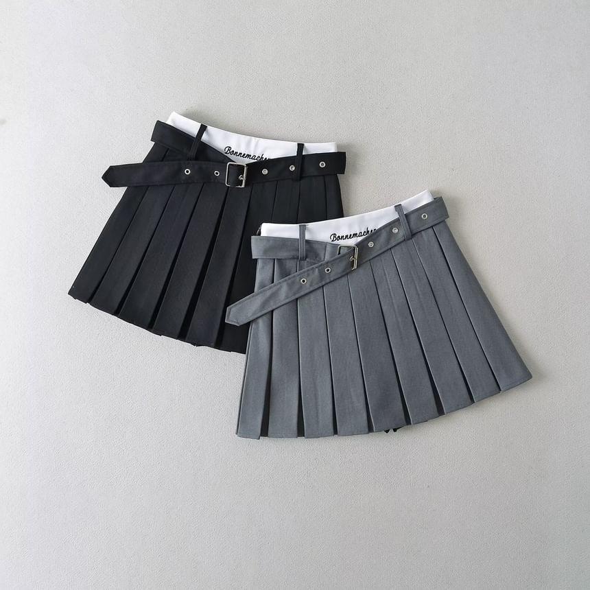 Set: High Rise Lettering Embroidered Pleated Mini A-Line Skirt + Belt Product Image