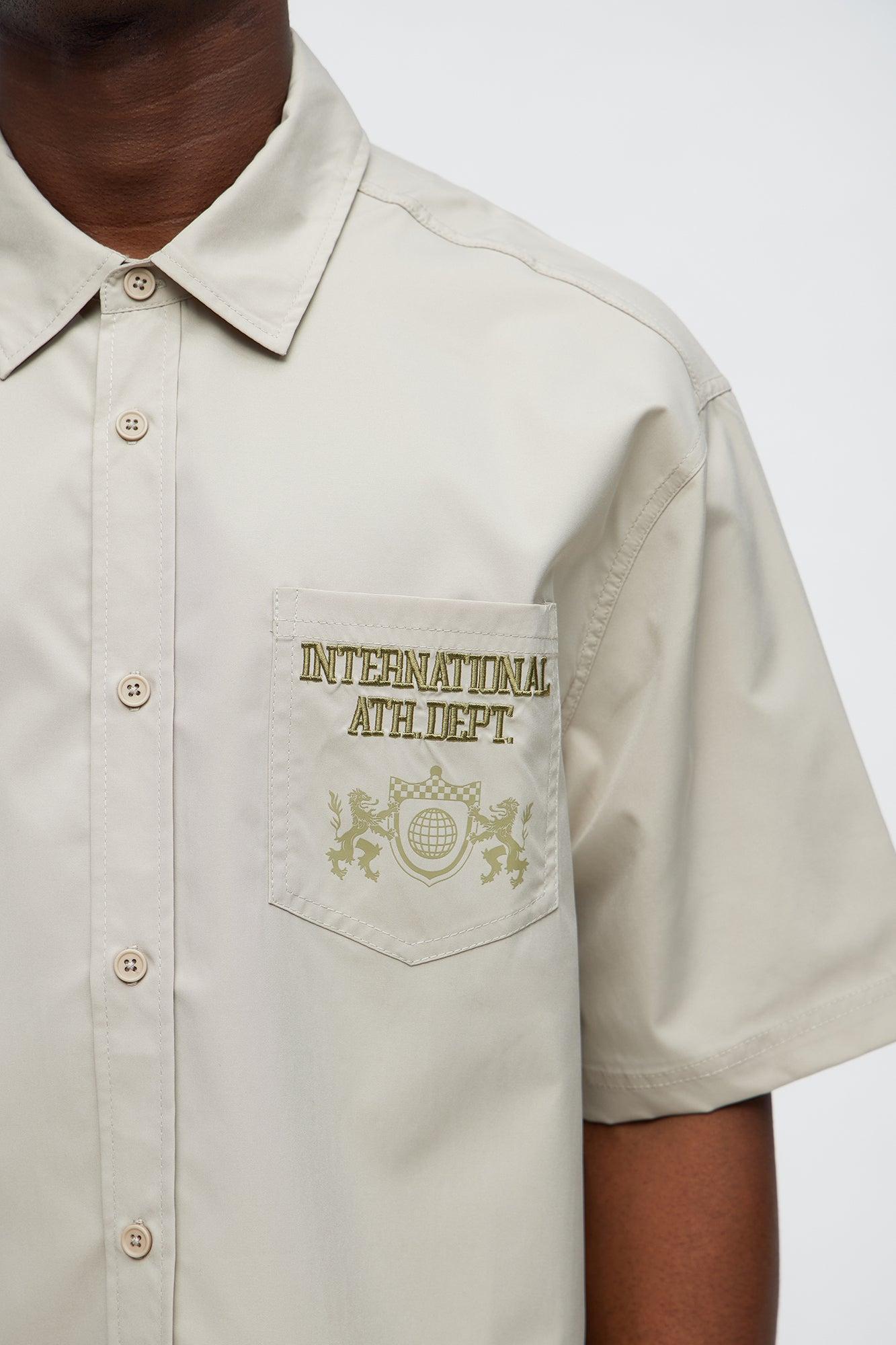 Cropped Athletic Dept. Short Sleeve Button Up Shirt - Khaki Product Image