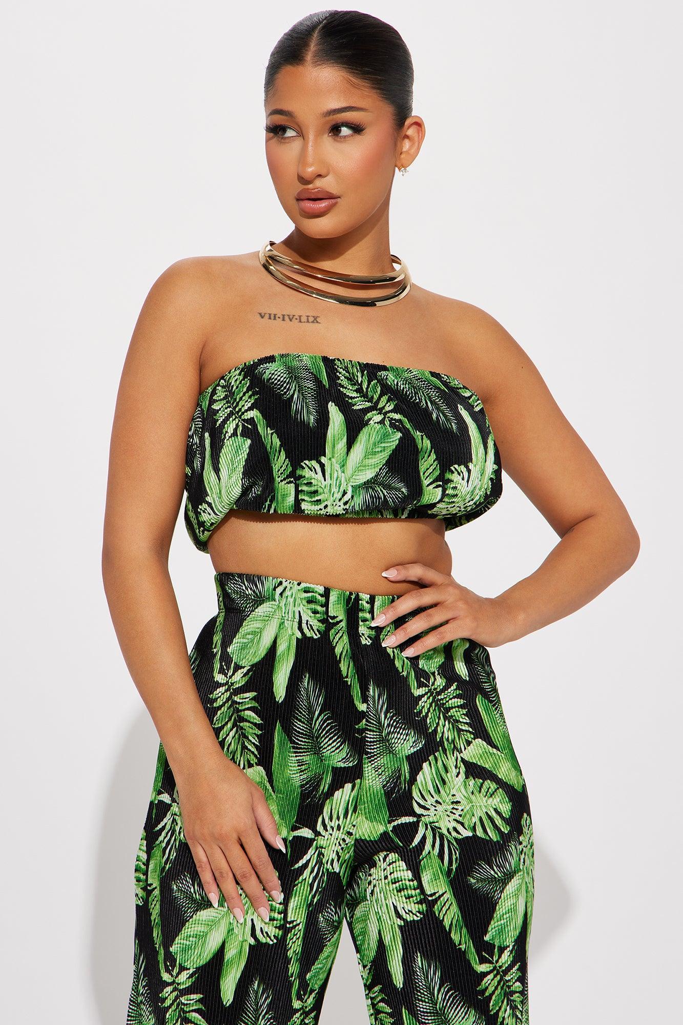 Island Dreams Plisse Pant Set - Black/Green Product Image