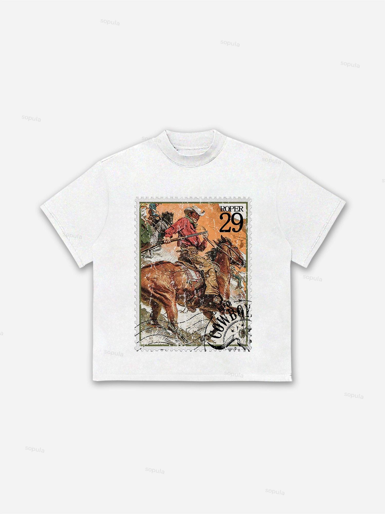 Rodeo Cowboy Stamp Print Cotton T-shirt Product Image