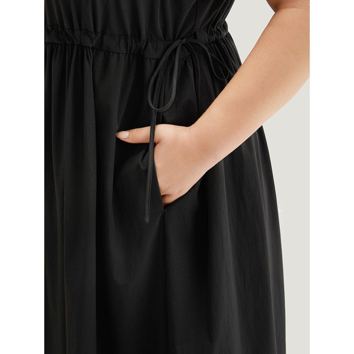 Plus Size Solid Pocket Drawstring Gathered Sleeveless Dress Black Women Casual Plain Spaghetti Strap Sleeveless Curvy Midi Dress BloomChic 22-24/3X Product Image