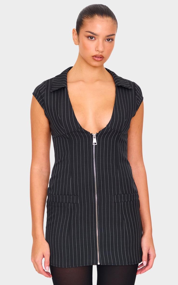  Black Pinstripe Pocket Detail Zip Up Mini Dress Product Image