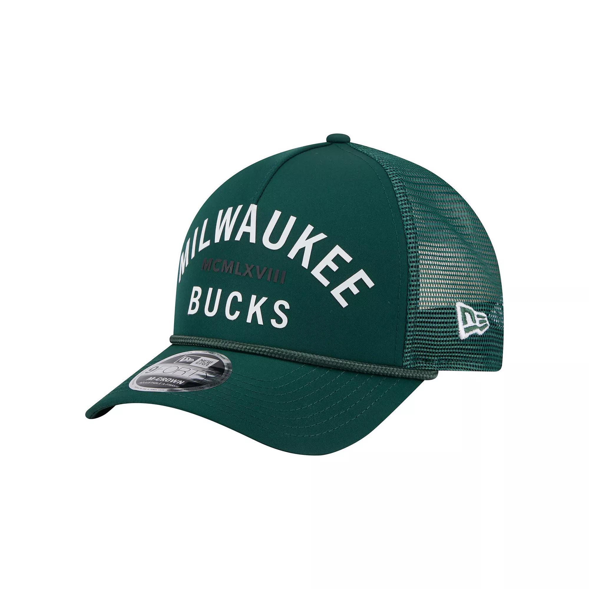 Men's New Era Hunter Green Milwaukee Bucks Minimalist A-Frame 9FORTY Trucker Hat, Team Product Image