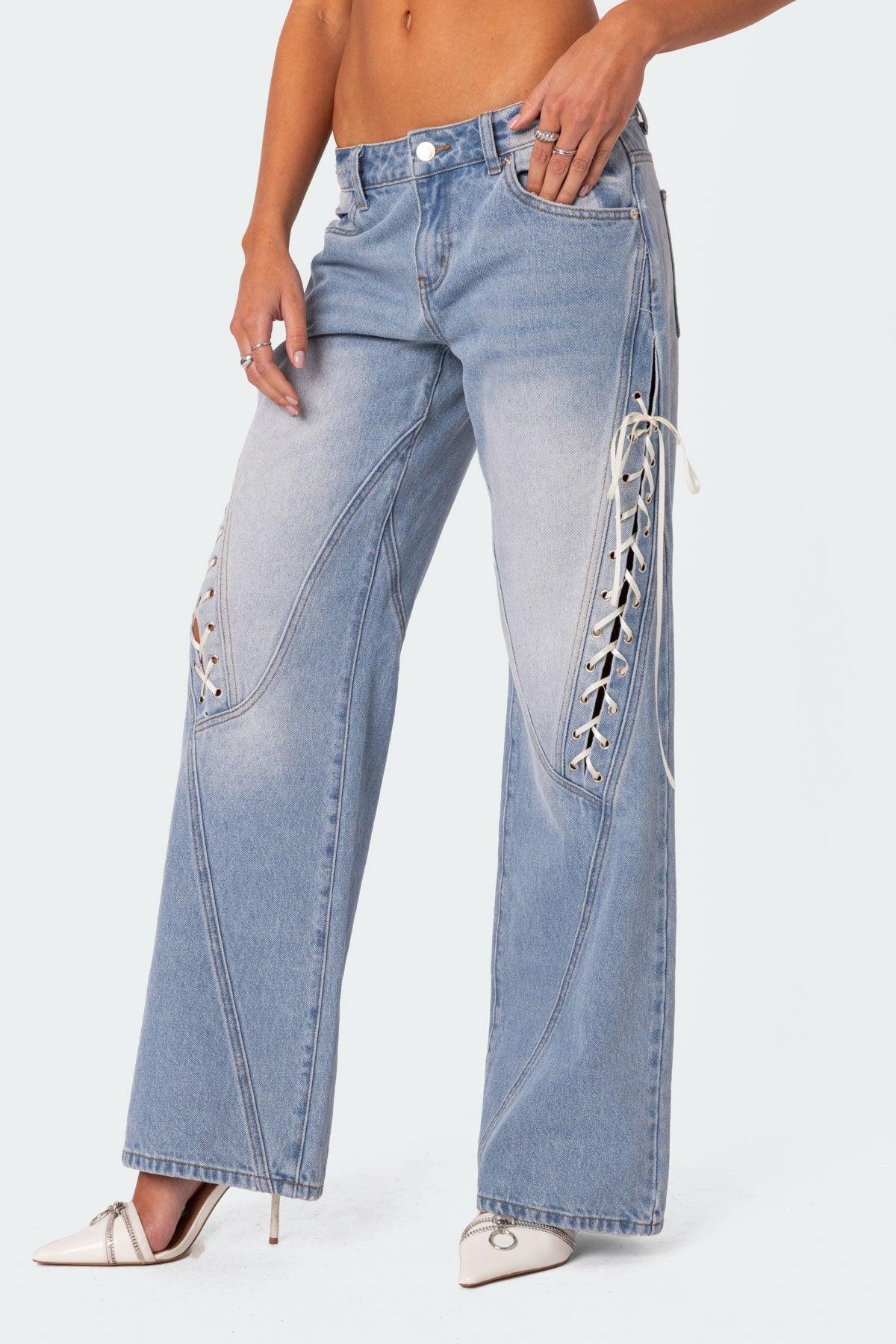 Ribbon Lace Up Low Rise Baggy Jeans Product Image