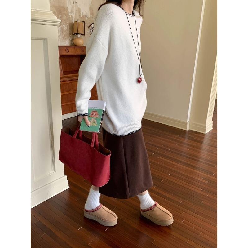 Long Sleeve Cherry Embroidered Loose-Fit Sweater Product Image