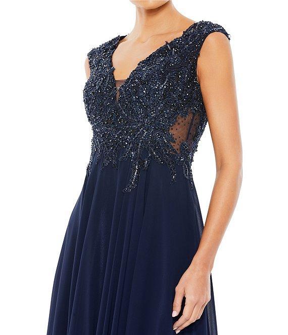 Mac Duggal Beaded Applique Bodice V-Neck Sleeveless A-Line Gown Product Image