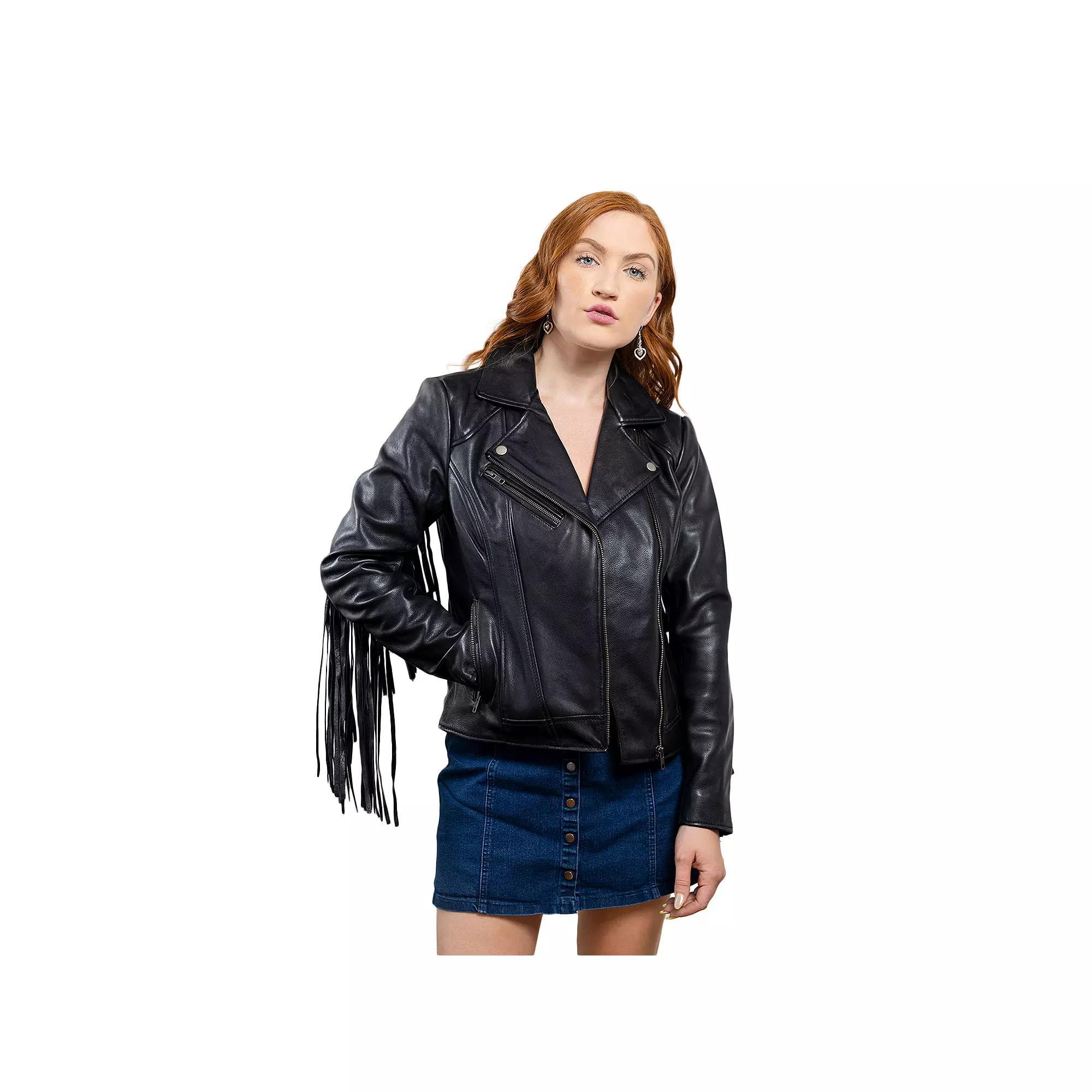 Women's Whet Blu Daisy Fringed Asymmetrical Moto Leather Jacket,  Product Image