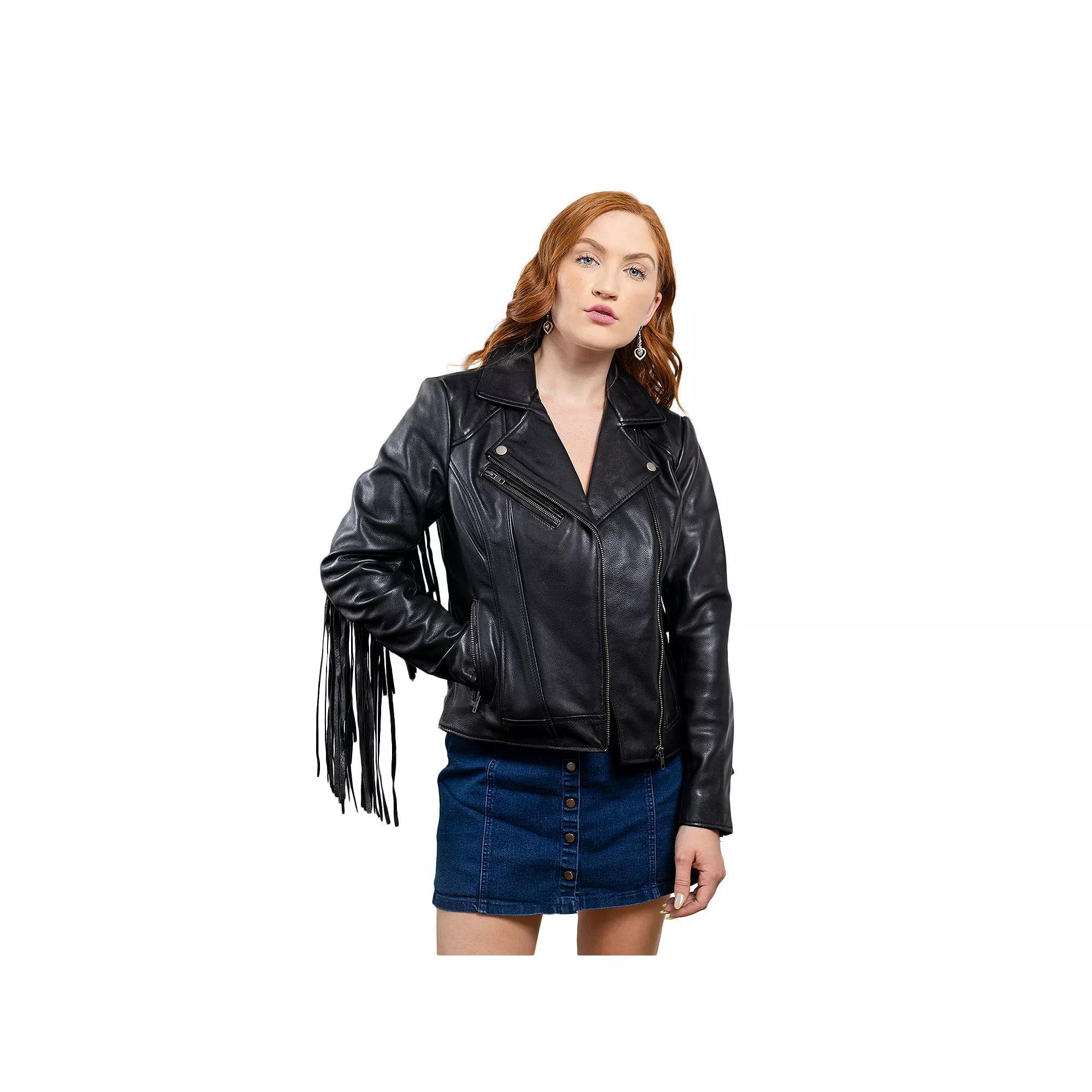 Women's Whet Blu Daisy Fringed Asymmetrical Moto Leather Jacket,  Product Image