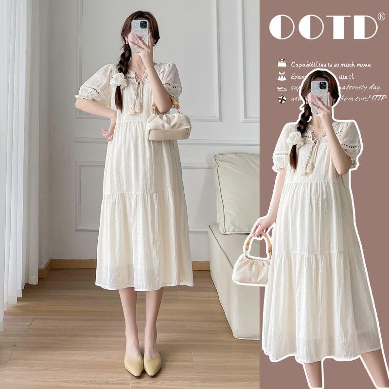 Maternity Short-Sleeve V-Neck Plain Midi A-Line Dress Product Image